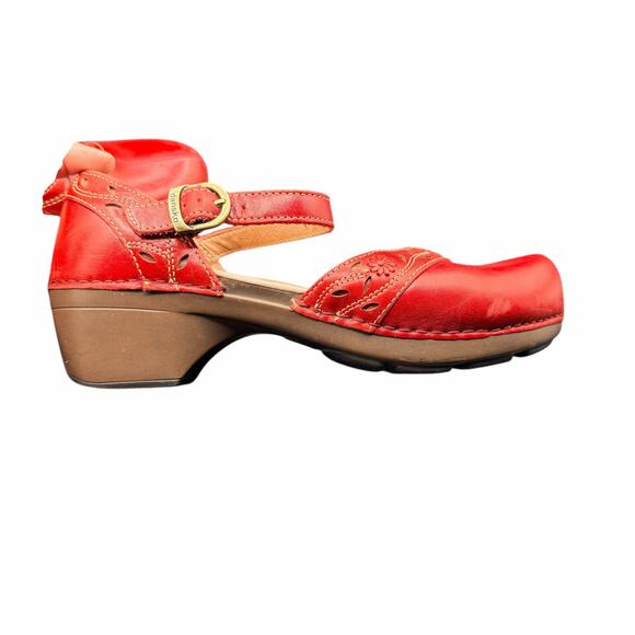 Dansko Red Leather Mary Jane Clog Heels Size 39 US 8.5–9 Floral Cutout Comfort - Picture 9 of 14